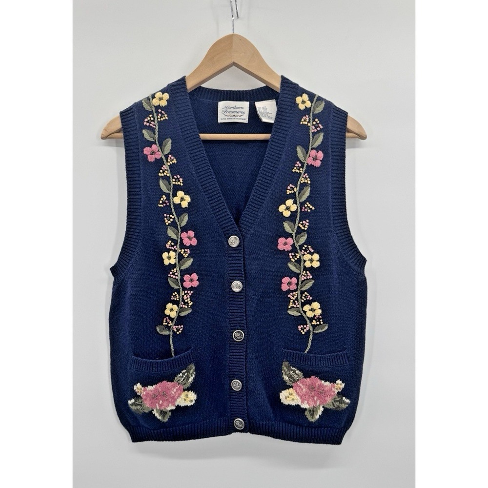 Vintage Northern Treasures Small Sweater Vest Embroidered Floral Cottage Garden